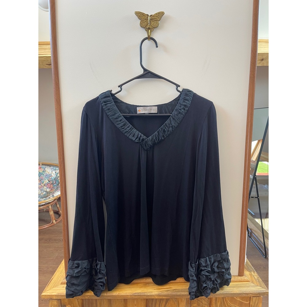 Tangerine Jill Black V-Neck Blouse Ruffle Tiered Cuff Long Sleeve Top Large